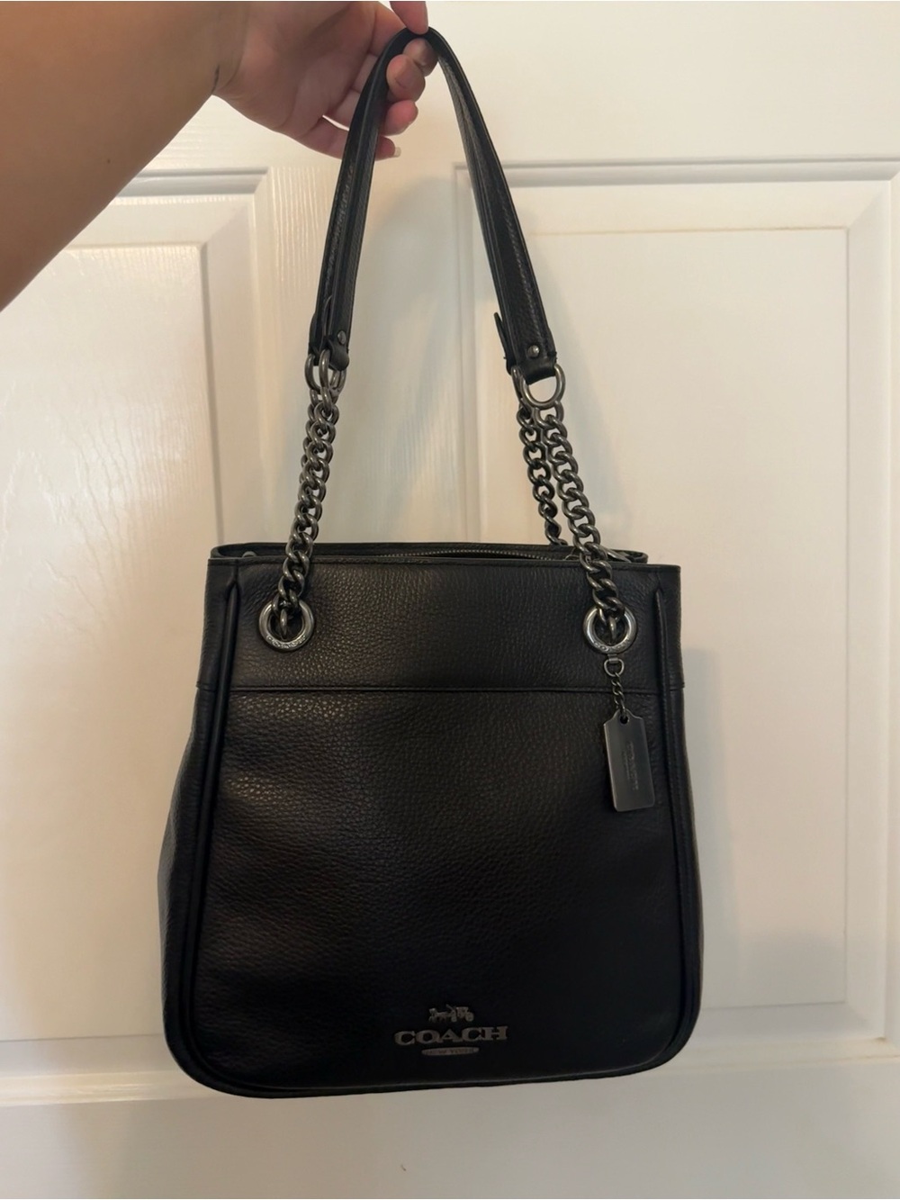 Coach Black Pebbled Leather Shoulder Tote with Gun Metal Chain-Strap Details